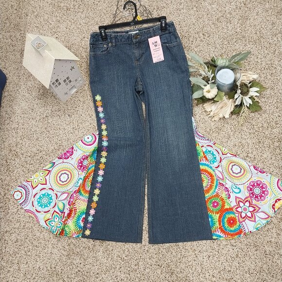 Handmade Denim - 3444 Size 10 Loft Upcycled Bell-Bottoms In Blue and Green